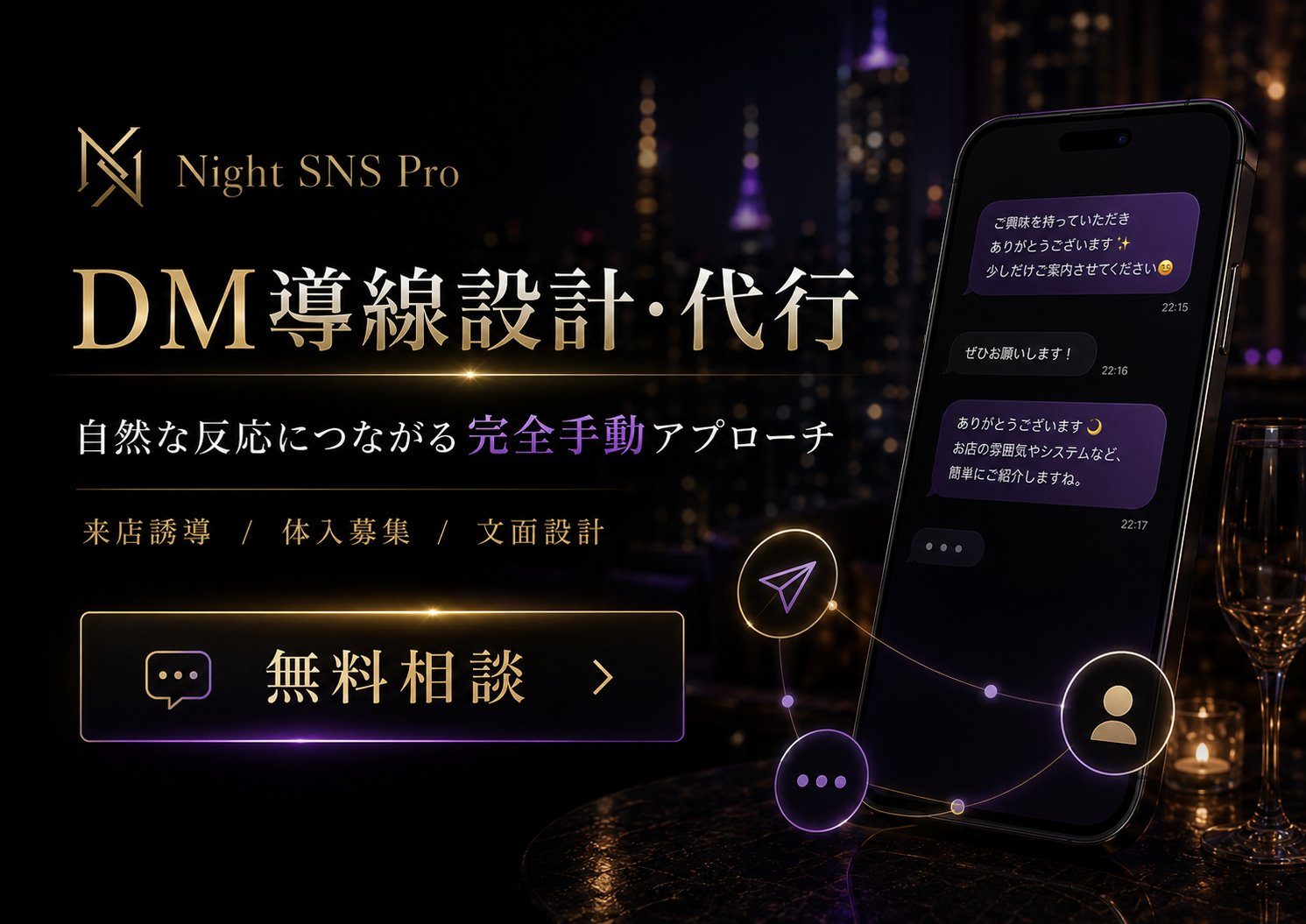 DM導線設計・代行 — 自然な反応につながる完全手動アプローチ。来店誘導・体入募集・文面設計